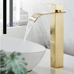 Brushed Gold Tall Bathroom Sink Faucet Waterfall Bathroom Faucet for Vessel Sinks Single Handle Bathroom Vanity Faucet