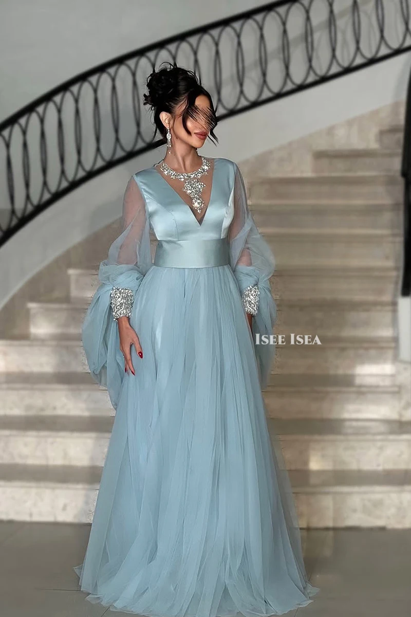 빈티지 스타일 이브닝 드레스 튤 퍼프 슬리브 포멀 가운 브이넥 맥시 드레스 웨딩 게스트용 맞춤형 이브닝 드레스