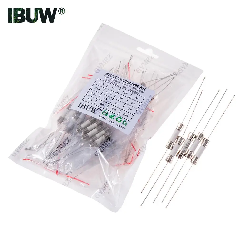80PCS 16Values 5x20mm Leaded Ceramic Fuse Kit for Electronics Circuit Protection Projects