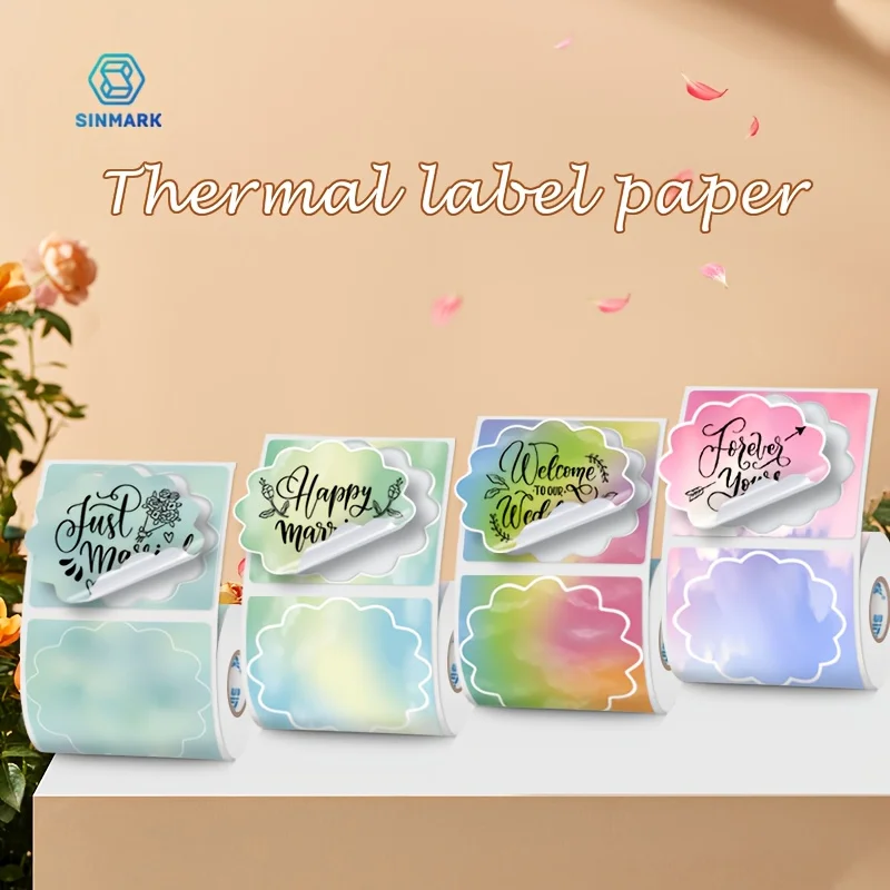 SINMARK 3 Rolls Gradient Flower Thermal Label Sticker Self‑Adhesive Print Tag for Holiday Gift DIY Mini Thermal Label Printer