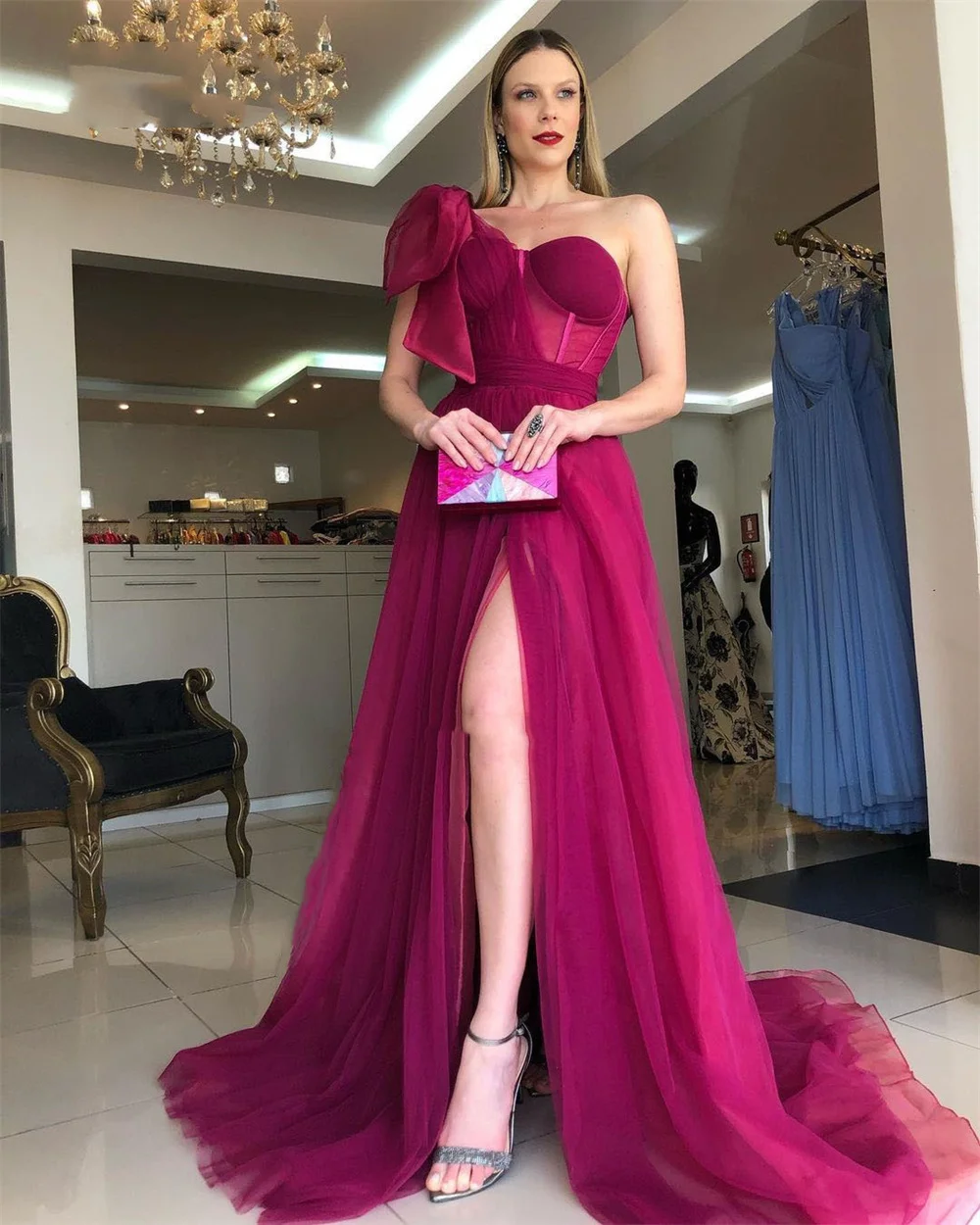 Single Shoulder Tulle One Shoulder 2023 Rose Pink A-line Prom Dress Sexy Side Split Party Dress Evening Dress Free Customization