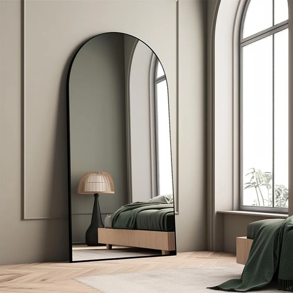 Specchio ad arco a figura intera 71"x32" con supporto Specchio grande da pavimento con cornice in lega di alluminio per soggiorno, camera da letto sospesa in piedi