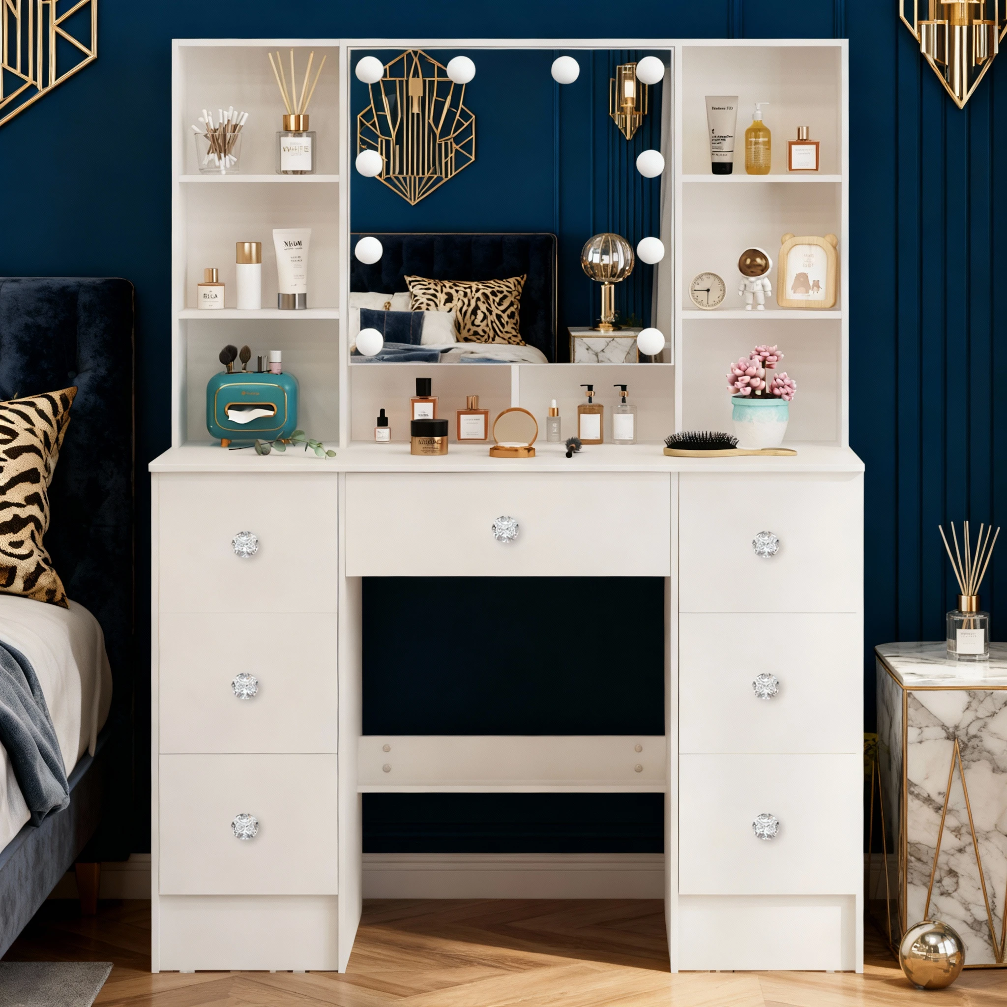 طاولة مكياج بمرآة تزيين LED مع مجموعة وحدة تزيين لغرفة النوم باللون الأبيض مكونة من 7 أدراج #1