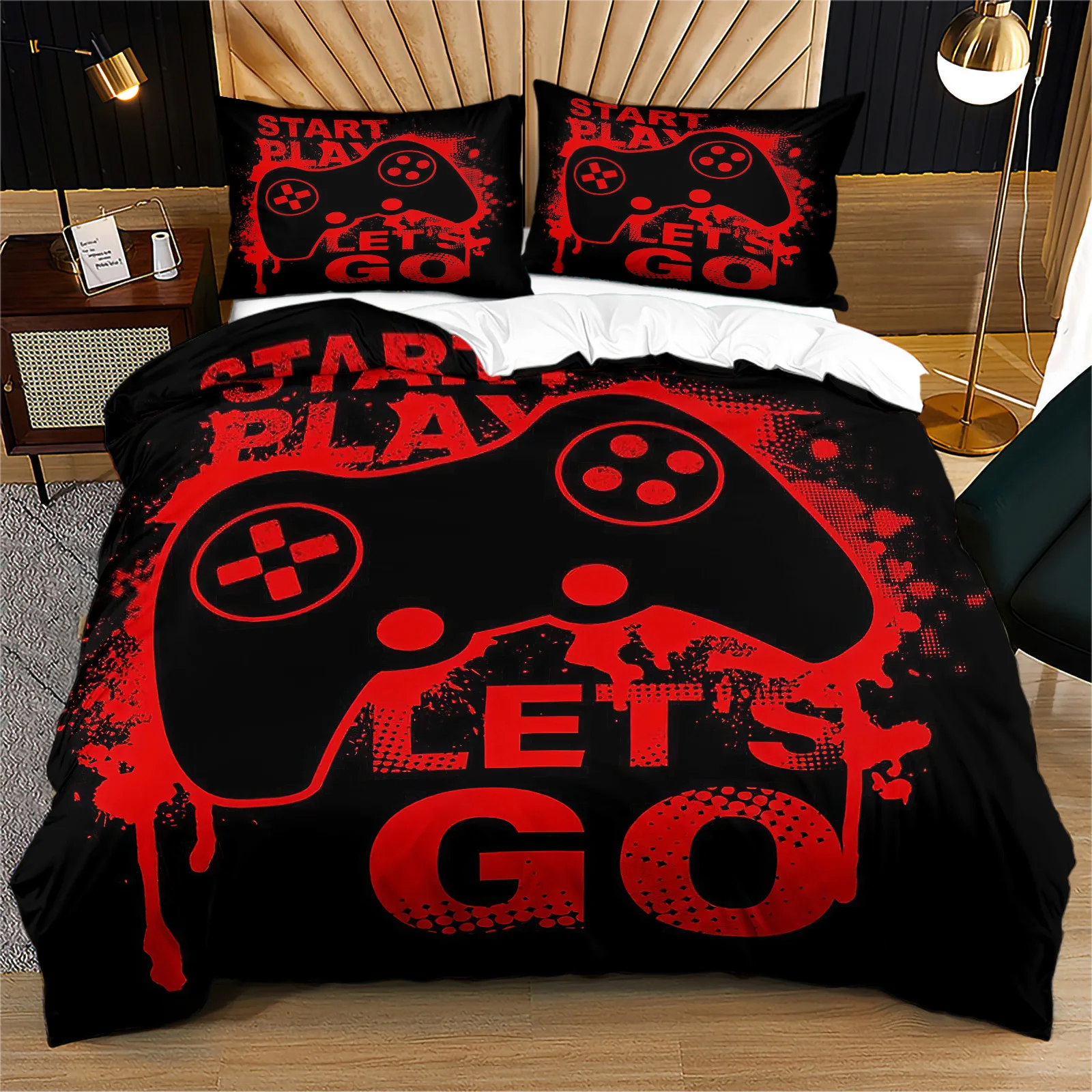 Gaming‑Themed Black Red Game Controller Duvet Cover Set LET'S GO Gamepad Bedding Set Soft Polyester Quilt Cover With Pillowcase