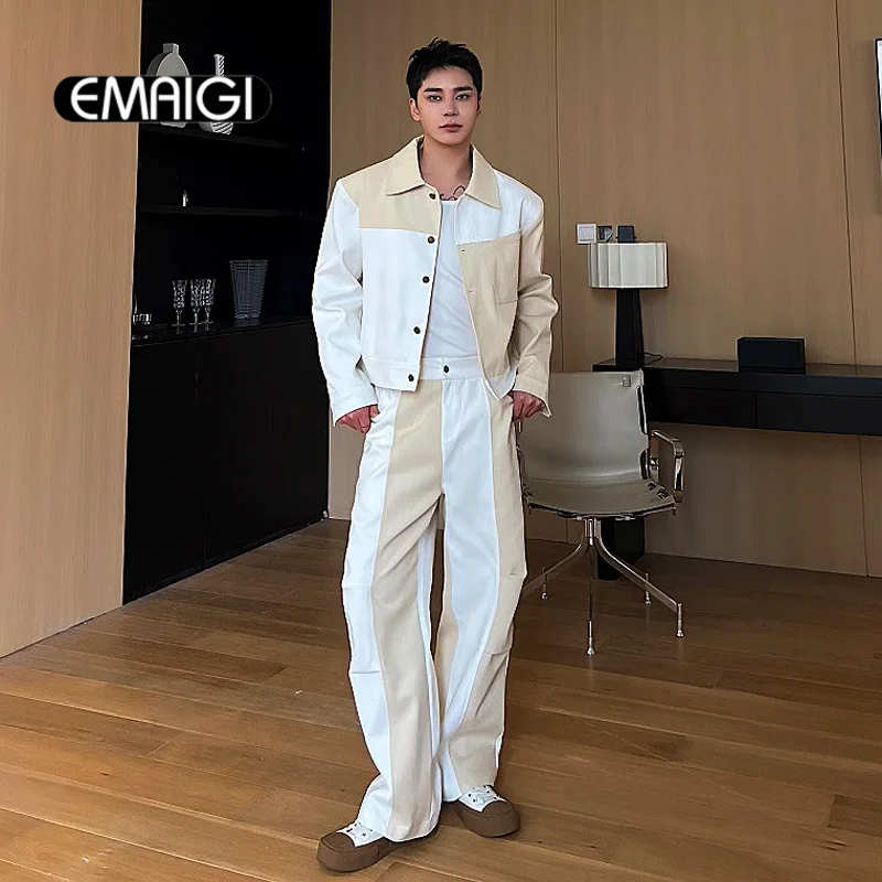 

Men 2 Pieces Sets Jacket Pant Male Korean Streetwear Fashion Loose Casual Splice Cargo Jacket Wide Leg Trousers Coat Suits