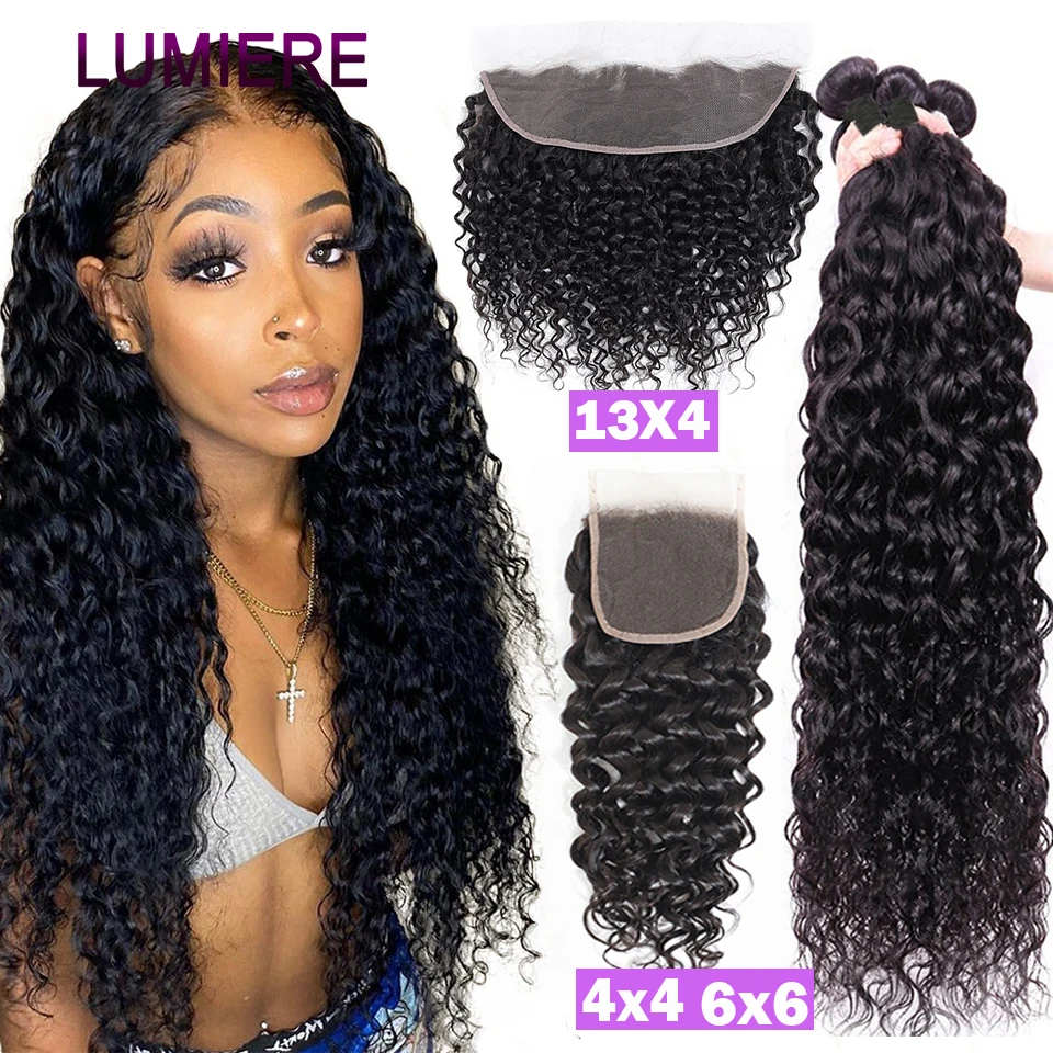 Afro Deep Water Curly 3/4 Human Hair Bundles with Closure Frontal HD Transparent Brazilian Virgin Raw Hair Weft Human Hair 30