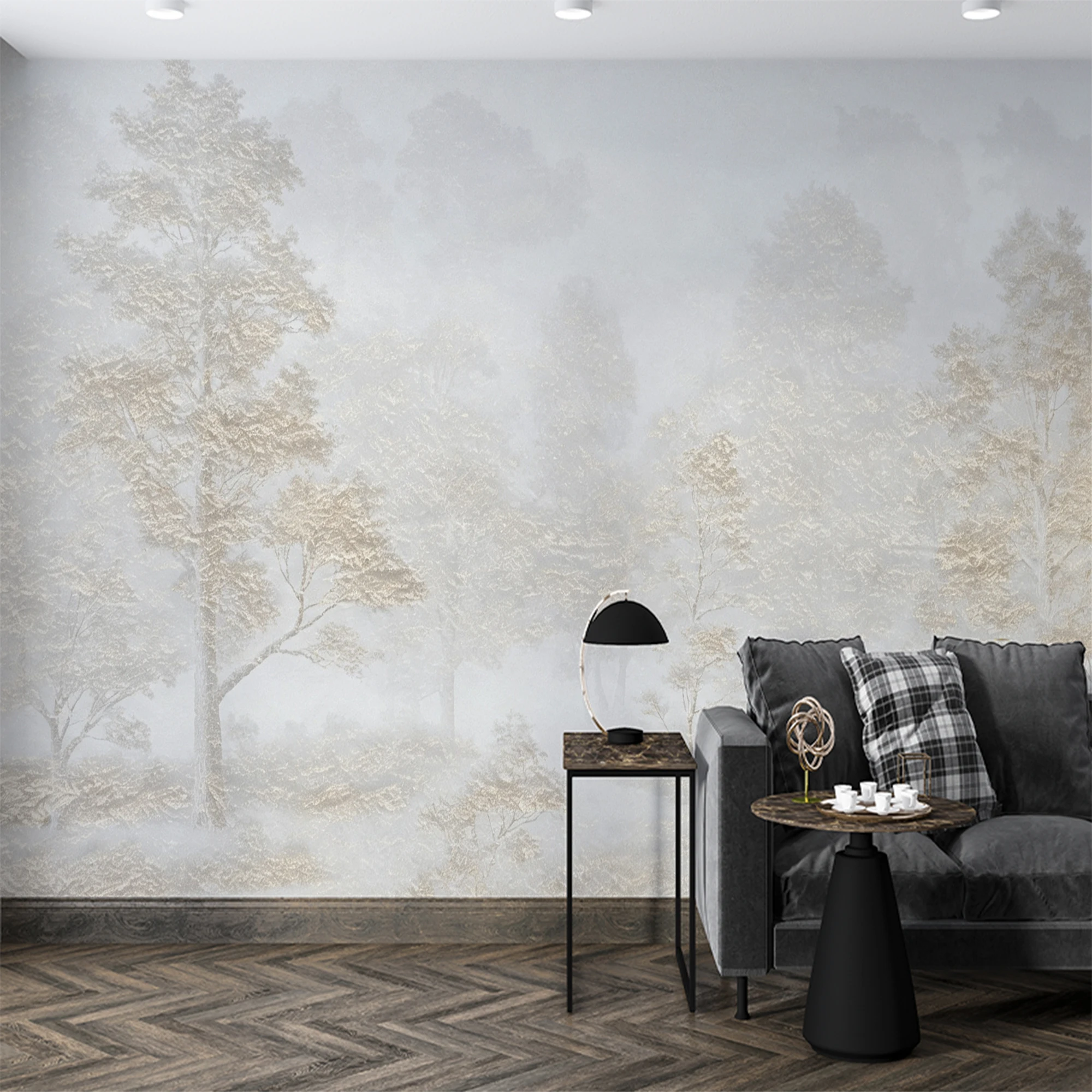 Custom Beige Golden Misty Forest Wall Mural Soft Fog Tree Neutral Nature Landscape Wallpaper for Living Room Bedroom Home Decor
