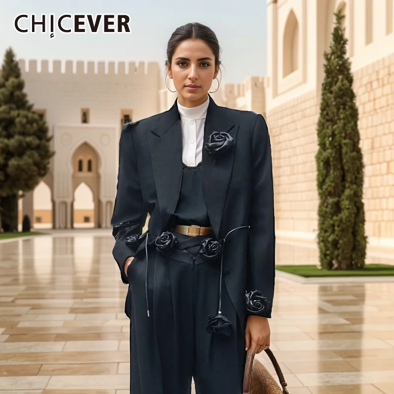 

CHICEVER Solid Patchwork Appliques Blazers For Women Notched Collar Long Sleeve Spliced Single Breasted Casual Blazer Female New