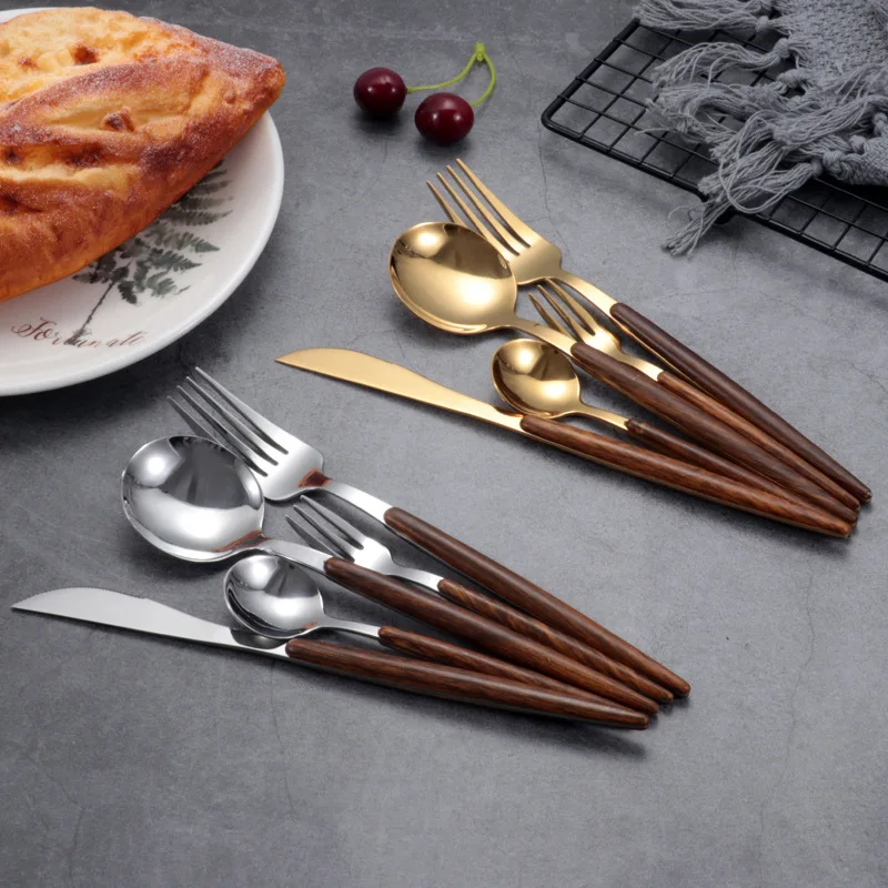 

304 Stainless Steel Dinnerware 5Pcs/Set Glossy Silver Wooden Tableware Western Food Knife Fork Teaspoon Cutleries Kitchen Tool