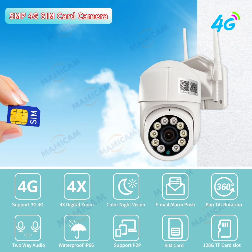 5MP Wireless With 4G SIM Card Camera Outdoor PTZ WiFi Camera CCTV Home Security Camera Auto Tracking IR Night Vision 30M Camhi