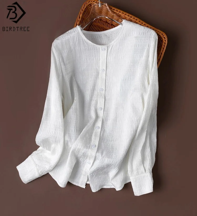 

Birdtree 100% Mulberry Silk Texture Sensation Shirt,Women Jacquard Shell Crepe Full Sleeve O-neck Single Breasted BlouseT58402JF