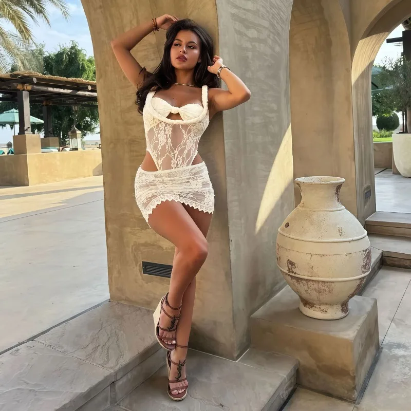 

Vacation See Through Lace 2 Piece Set Women Beach Hollow Knot Strapless Braid Spaghetti Straps Backless Bodysuits + Mini Skirts