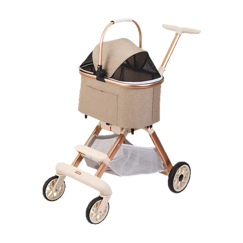 Foldable High-View Pet Stroller - Rose Gold Detachable Push Cart for Small Dogs & Cats, Stylish Portable Pet Carrier