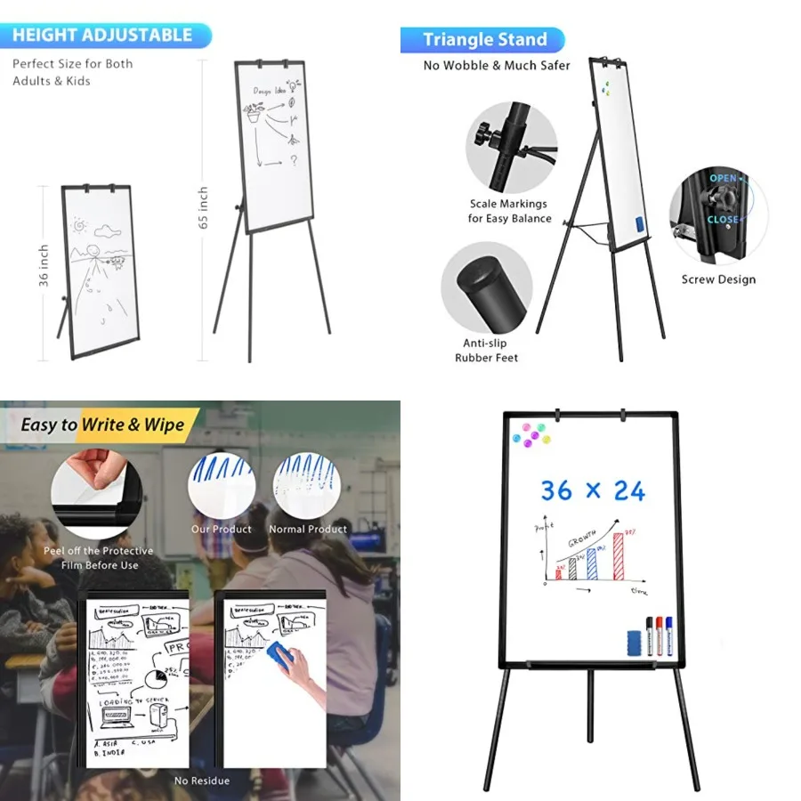 

Easel Whiteboard - Magnetic Portable Dry Erase Easel Board 36 x 24 Tripod Whiteboard Height Adjustable Flipchart Easel Stand Wh