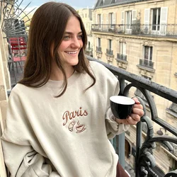 Embroidered Paris France Sweatshirts Women Khaki Vintage Loose Thick Fleece Warm Pullover Long Sleeve Crewneck Casual Jumpers