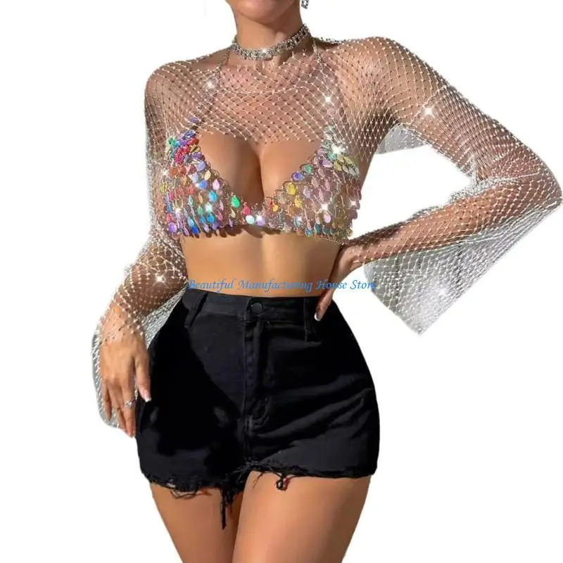 

E56A Colorful Sequins Bralette with Cover Up Crop Top 2Pcs Outfit Clubwear