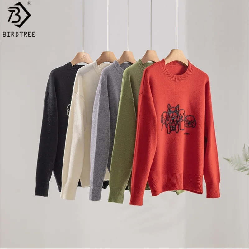 

Теплый вязаный свитер Birdtree из 100% овечьей шерсти, женская рубашка с круглым вырезом и длинными рукавами с вышивкой, осенние топы 2022, пуловер T59461JF