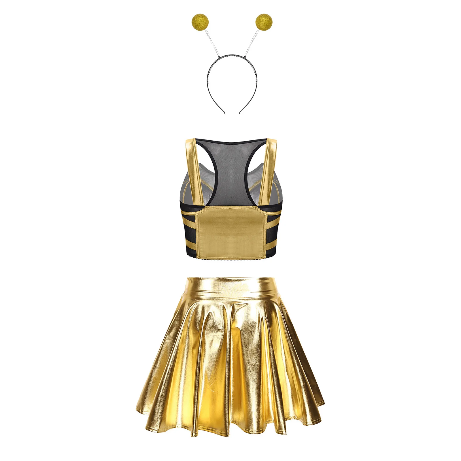 Women Alien Dress-up Costumes Outfit Clubwear Pole Dancewear Mesh Patchwork Crop Top with Headband And Skirt for Halloween Party