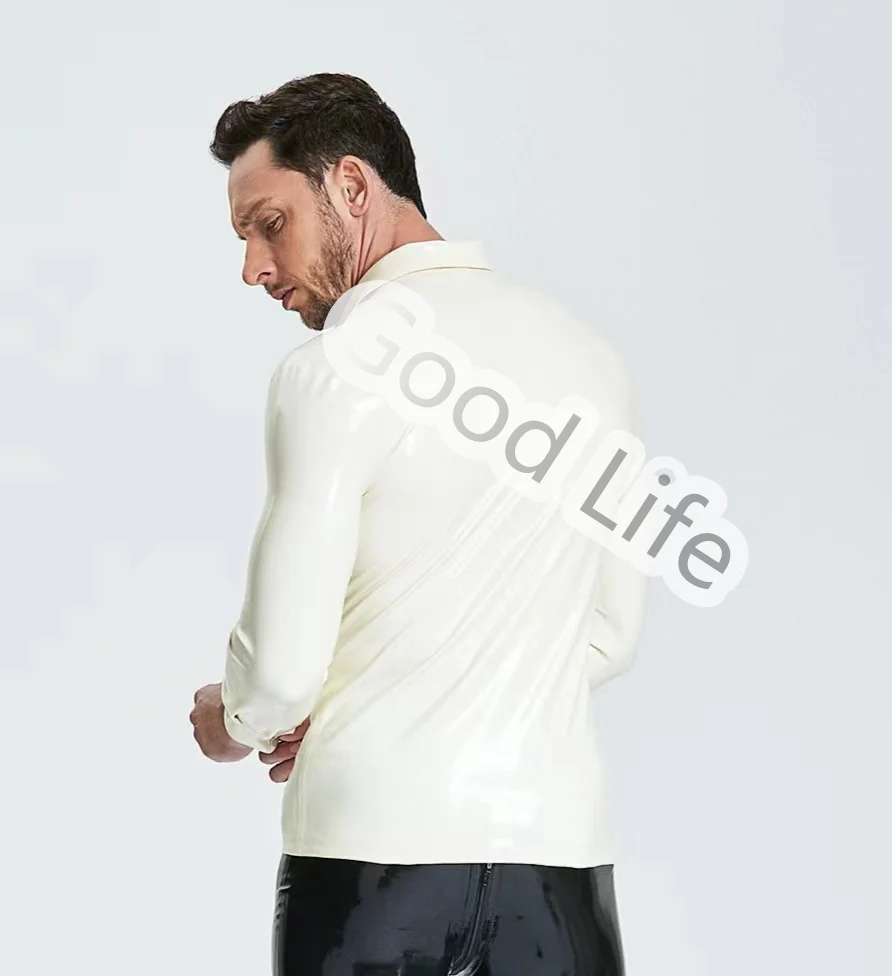 Cool Men's Long Sleeve White Latex T Shirts Sexy Fitness Rubber Male Blouse Fetish Latex Casual Tops Halloween Cos Costume