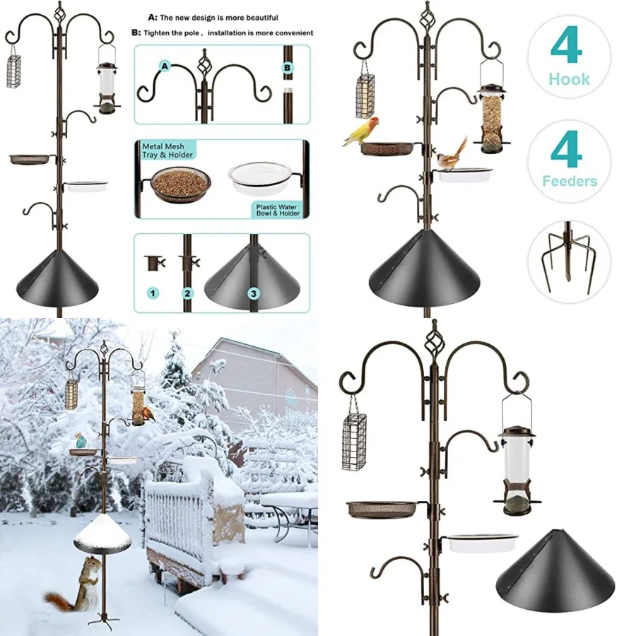 

Bird Feeding Station Kit with Squirrel Baffle and Suet Cage Wild Bird Feeder Kit with Mesh Tray, Fruit Hook, and Double W Hook