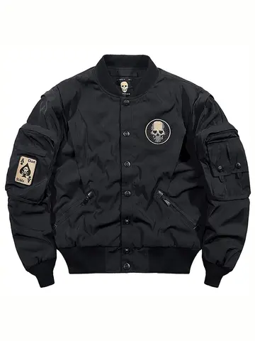 Bomber Jacket Men Embroidered Skull Print Jacket Autumn Protection Casual American Vintage Windproof Workwear Outfit Men's Wear