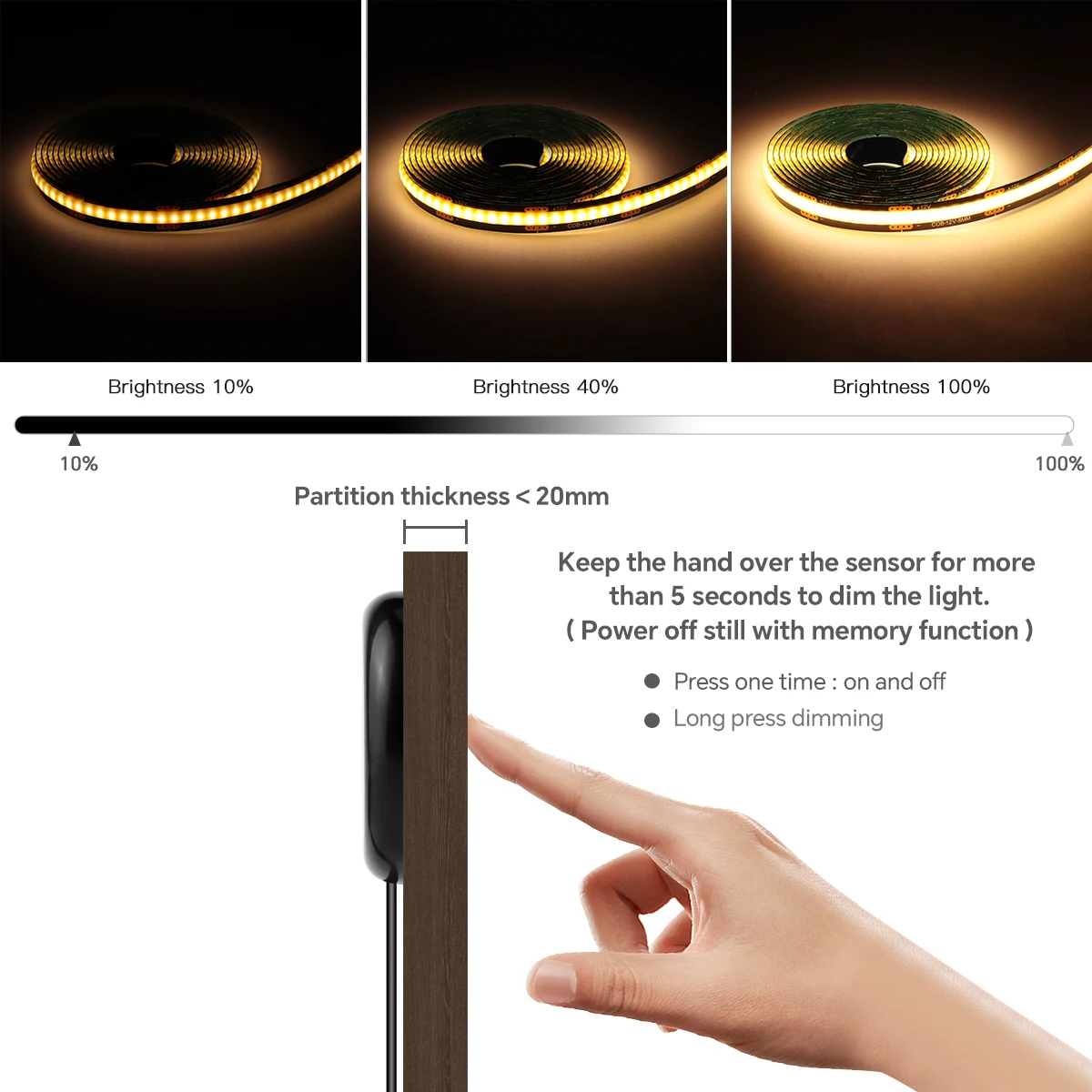 Walnut Wood Display Cabinet Under-Shelf LED Light Strip Dimmable Touch Sensor Lamp Tape For Acoustic Wall Panel Ambient Decor