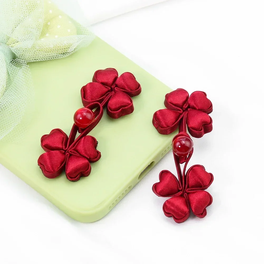 Chinese Cheongsam Jade Buckle Four-leaf Clover Button Traditional Hanfu Accessories Handmade Red Clothing Decor Jewelry Supplies