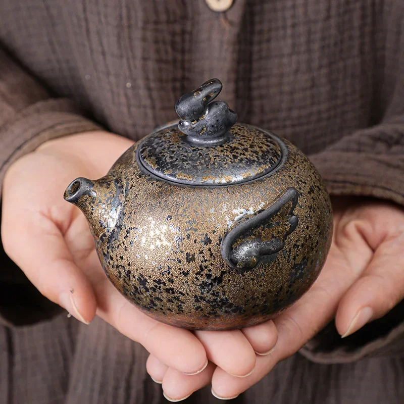 Vintage Rust Glazed Tea Pot Ceramic Kung Fu Tea Set Pot Rough Pottery Yixing Teapots Infuser Teapot Set Clay Teaware Puer
