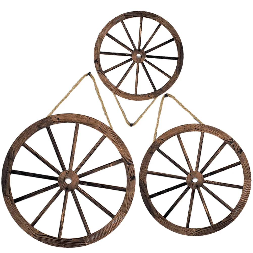 

3Pcs Wood Wheel Wall Decor Rustic Wagon Wheel Pendant Creative Wooden Wall Hanging Art for Office Study Room Retro Home Gift