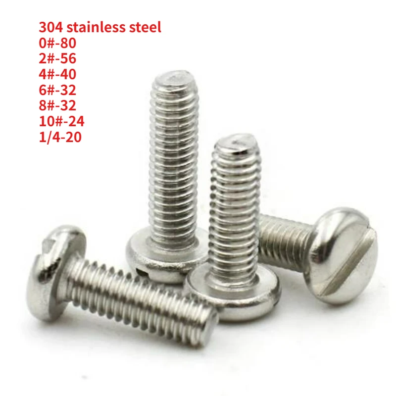 10/50pcs 0#-80 2#-56 4#-40 6#-32 8#-32 10#-24 1/4-20 UNC Threaded 304 Stainless Steel Slotted Pan Head Round Head Machine Screw