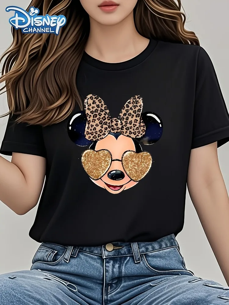 ディズニー レディース Tシャツ ヒョウ柄リボンとキラキラ輝くハート型ファッションメガネデザイン カジュアル クルーネック 半袖トップ
