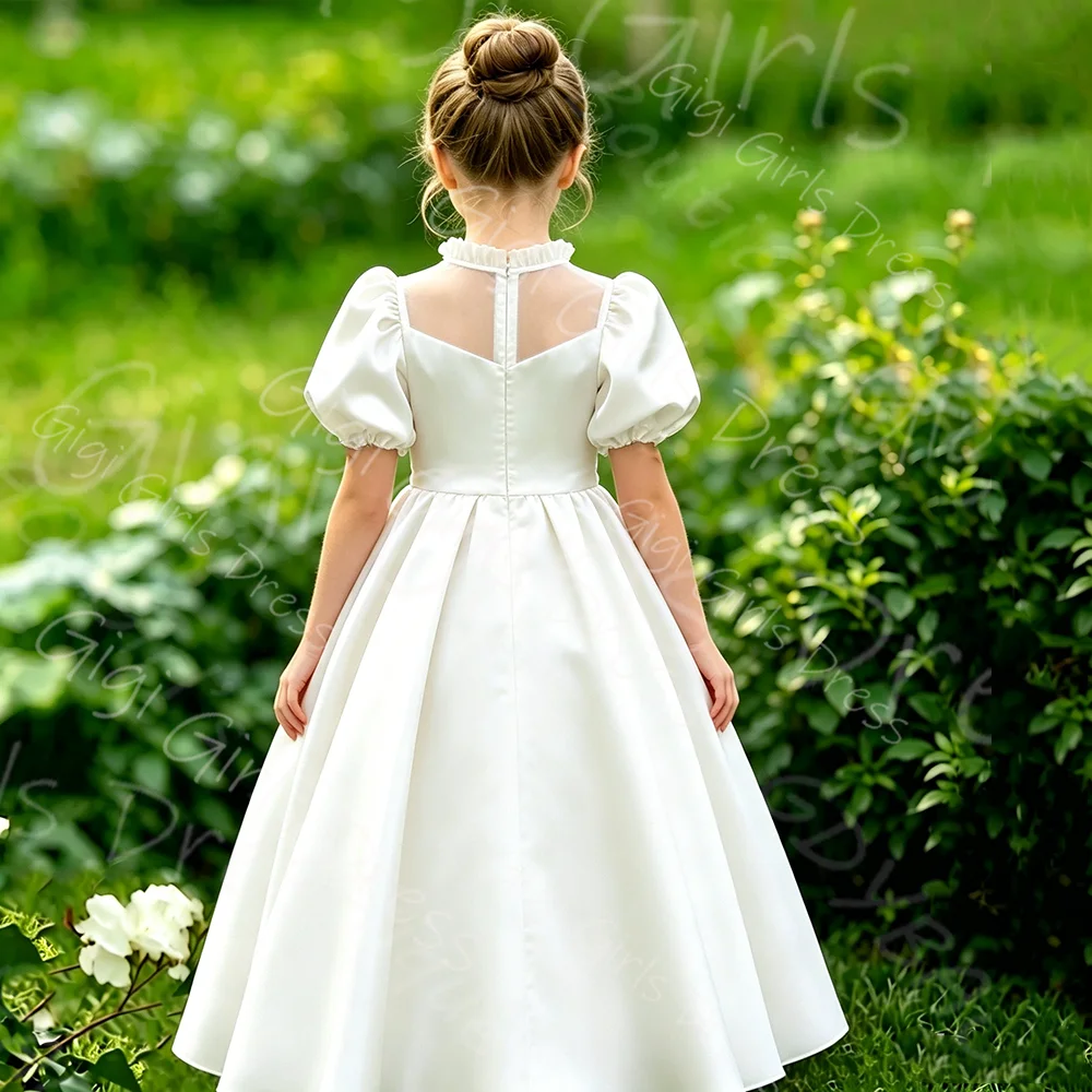 Customized Pink Satin Flower Girl Dress For Wedding With Bow Puffy Half Sleeve High Waist Kids Birthday First Communion Gown