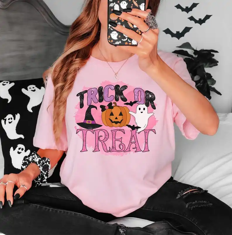 Halloween Trick or Treat Sweatshirt Halloween Trick-Or-Treat Shirt Funny Graphic T Shirts Orange Color Tee Pumpkin,Ghost,Goblin