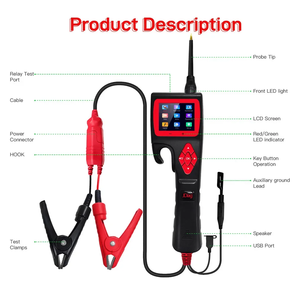 Jdiag P200 Car Circuit Analyzer Diagnostic Tool Power Probe Diagnose Vehicle Electrical System Circuit Problem Battery Testers