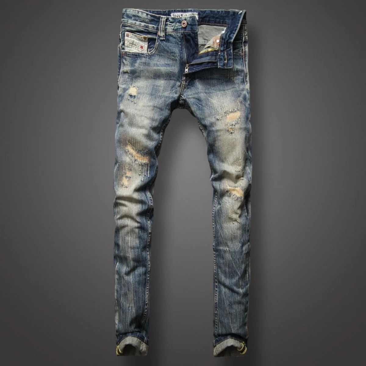 2023 Spring and Autumn New Fashion Casual Solid Color Vintage Ripped Jeans Men\'s Slim Comfortable Elastic High-Quality Jeans