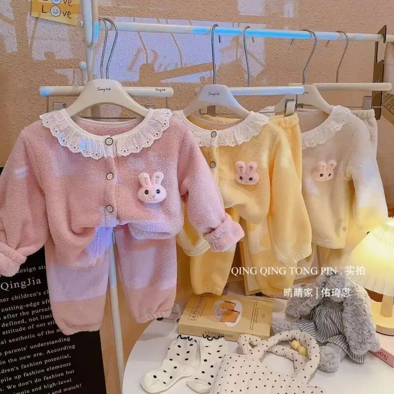 Kawaii Casual Coat Set Fashion 2 Piece Set Childrens Clothing Lace Homewear Kids Winter Outfit Girls Round Neck Two Piece Set