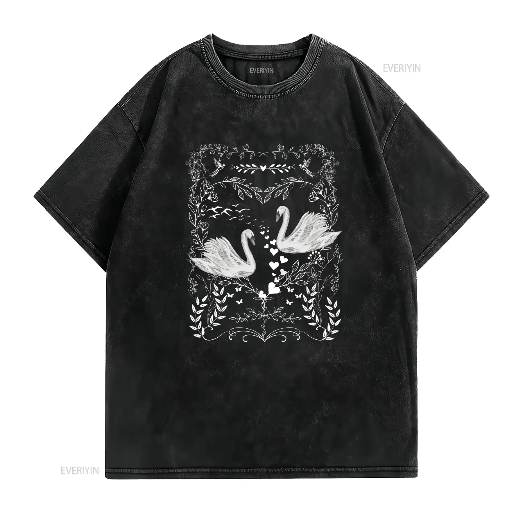 Love and Birds Valentines T Shirt Swans hearts Valentine tee Minimalistic Goth for her Cute sister vintage Washed Slightly