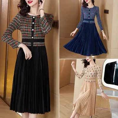 2024 New Pleated Elastic Dress Women's Checkered Print Long sleeved Waist Slimming High Waist A-line O-neck Dress