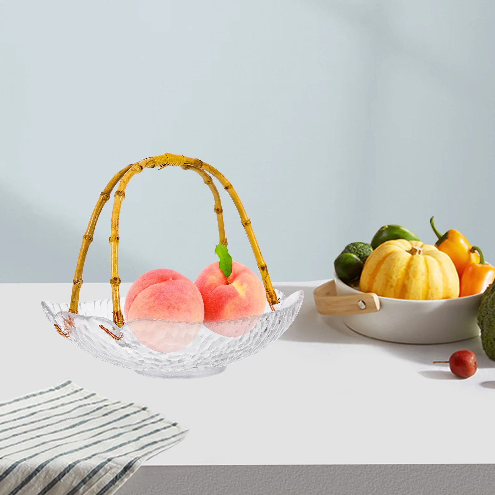 

1pcs Delicate Glass Fruit Holder Candy Storage Tray Bamboo Rattan Handle Snacks Container Dessert Serving Plate Tray