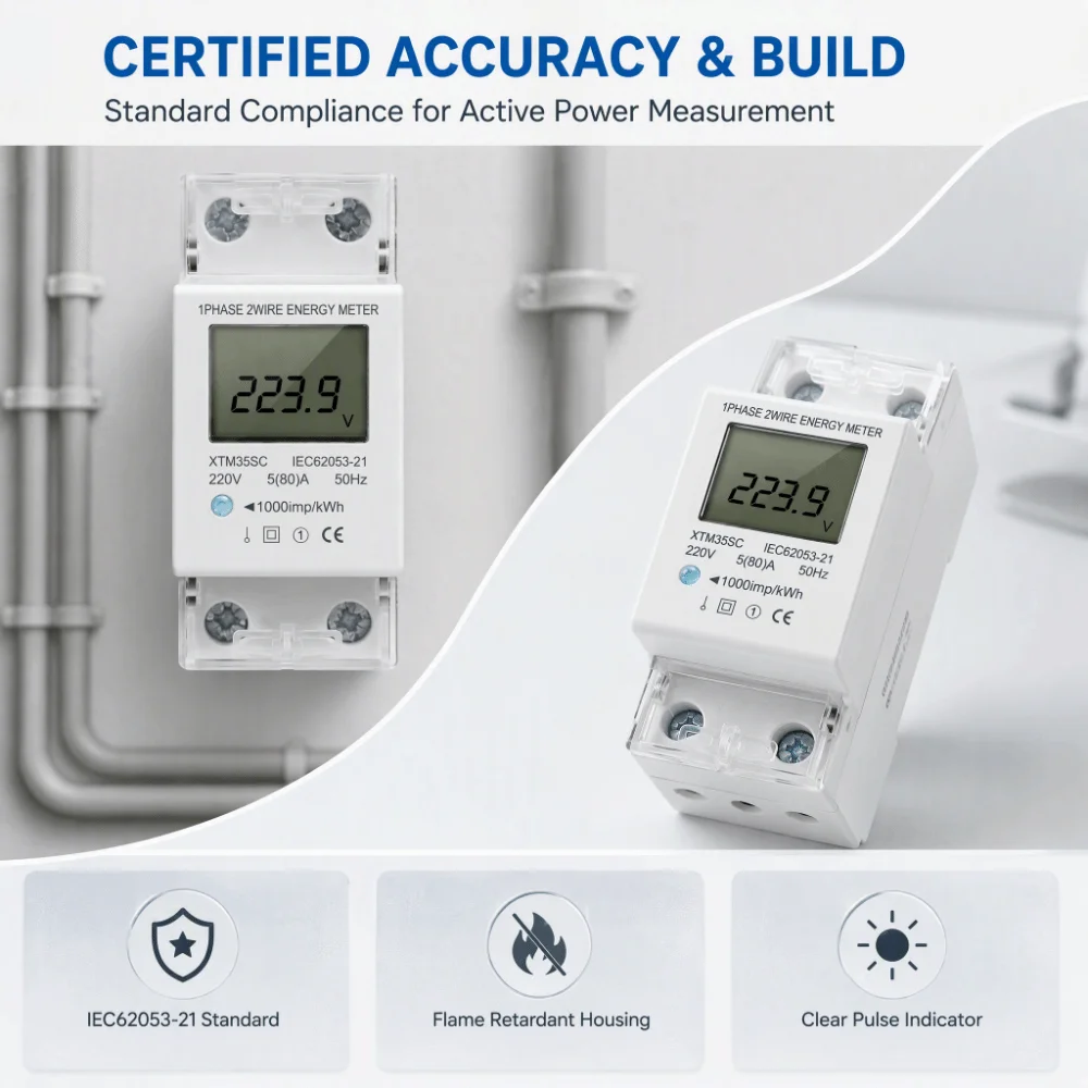 Digital Display Electric Meter DIN Rail Mount Single Phase Energy Monitor 2 Wire 2P LCD Screen Power Consumption Monitor