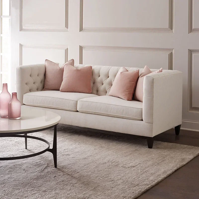 Three-person sofa American country fabric pull button French simple modern living room model room designer