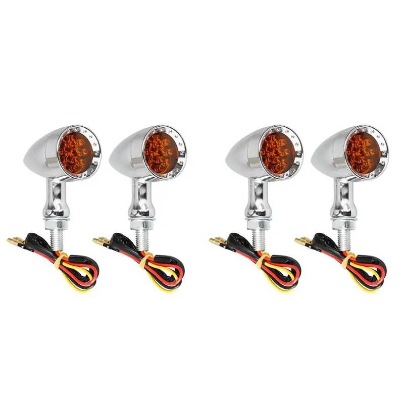 A03Z-4Pcs Universal Amber Chrome Motorcycle LED Turn Signal Light Brake Running Tail Light