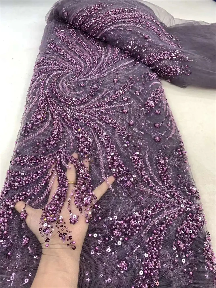 Tessuto di pizzo ricamato con paillettes di lusso nigeriano di alta qualità Tessuto di pizzo francese fatto a mano in tulle con perline per abiti da sposa da donna