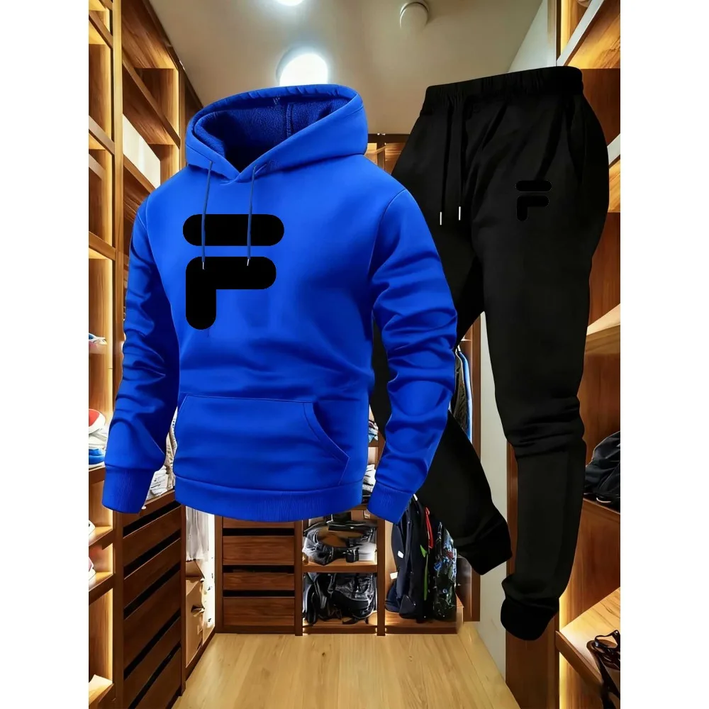 طقم سويت شيرت وسروال للركض بنمط F-أسود للرجال - نمط الشارع الحضري، ناعم، دافئ، مريح، ملابس رياضية غير رسمية #3