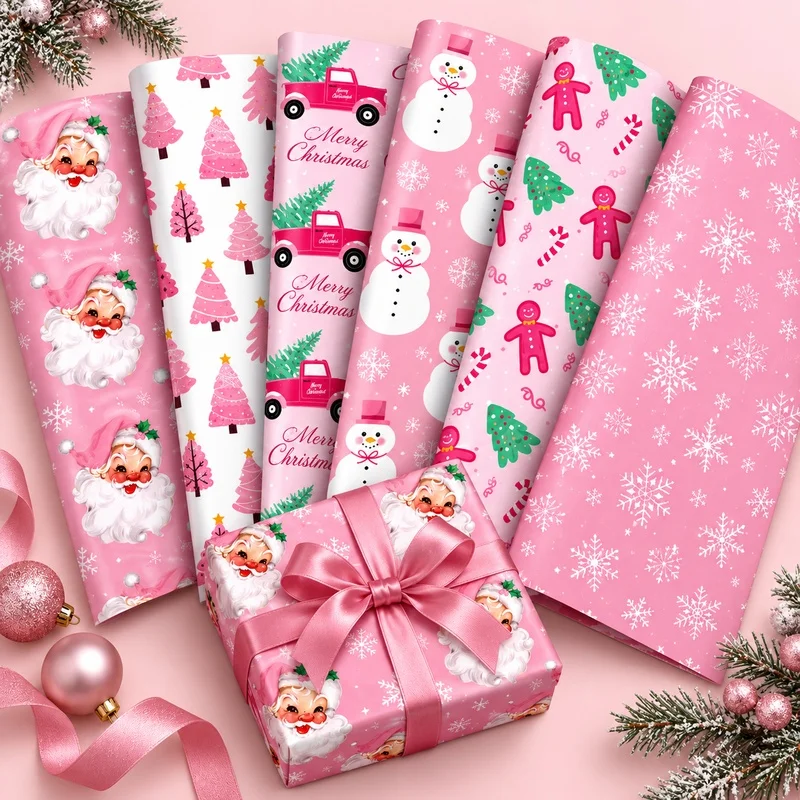 12Sheets Christmas Wrapping Paper,6 Pink Holiday Designs Gift Wrap Sheets for Presents, Party Favors and Seasonal Gift Packaging