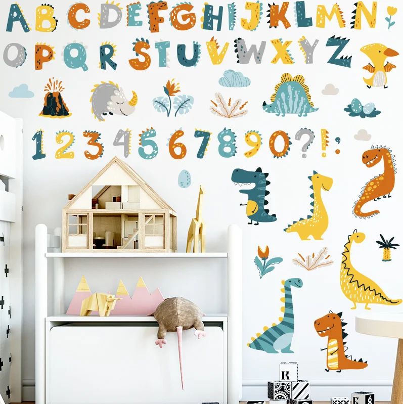 Cartoon Dinosaur Alphabet Number Wall Stickers, Colorful ABC 123 Dino Volcano Kids Nursery Bedroom Decor