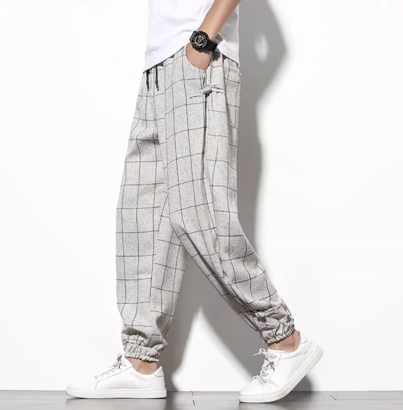 Spring Summer Disc Buckle Plaid Harem Pants Mens Breathable Cotton Linen Pants for Men Buckle Casual Bloomers Fashion Trousers