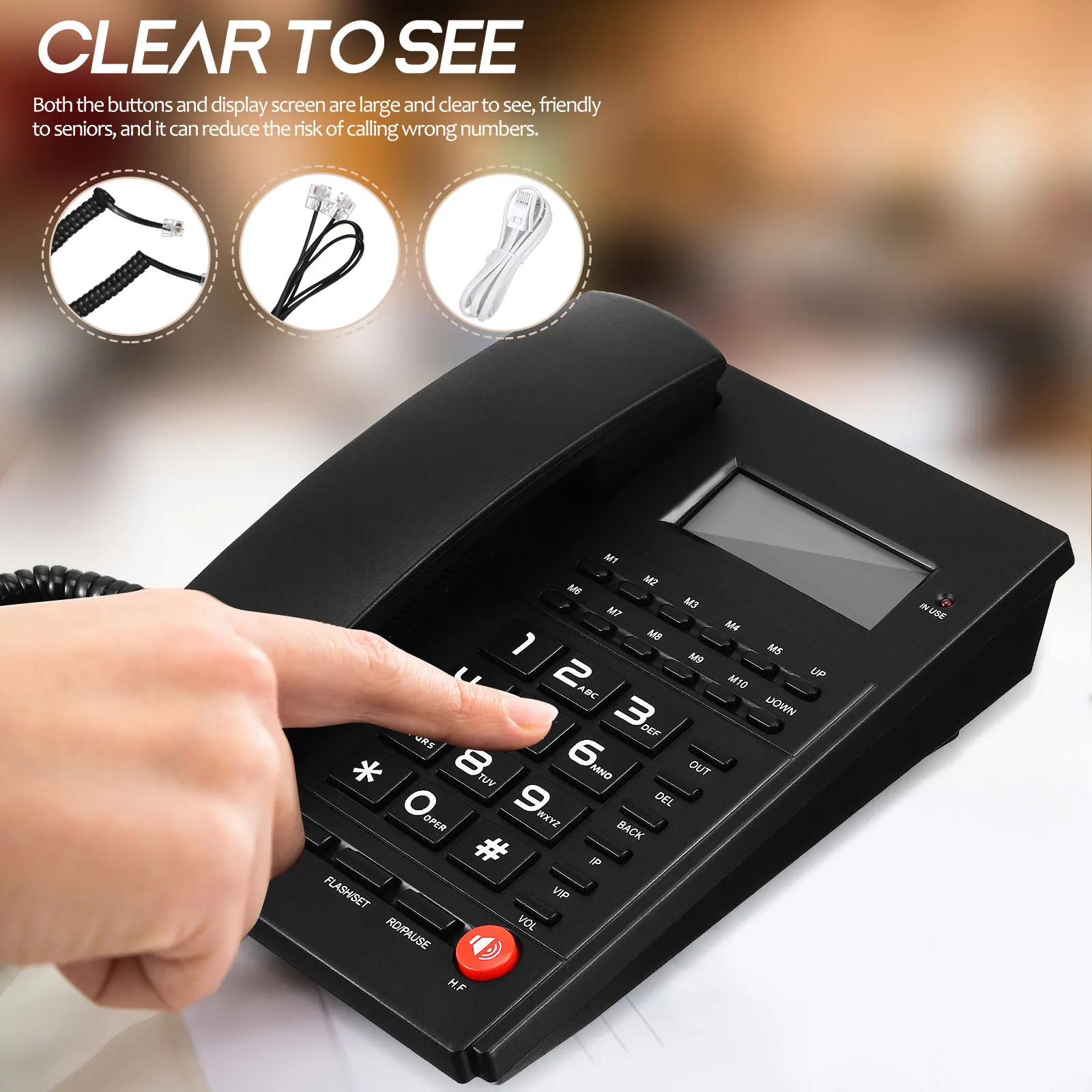 Corded Black Telephone with Large Buttons and Display