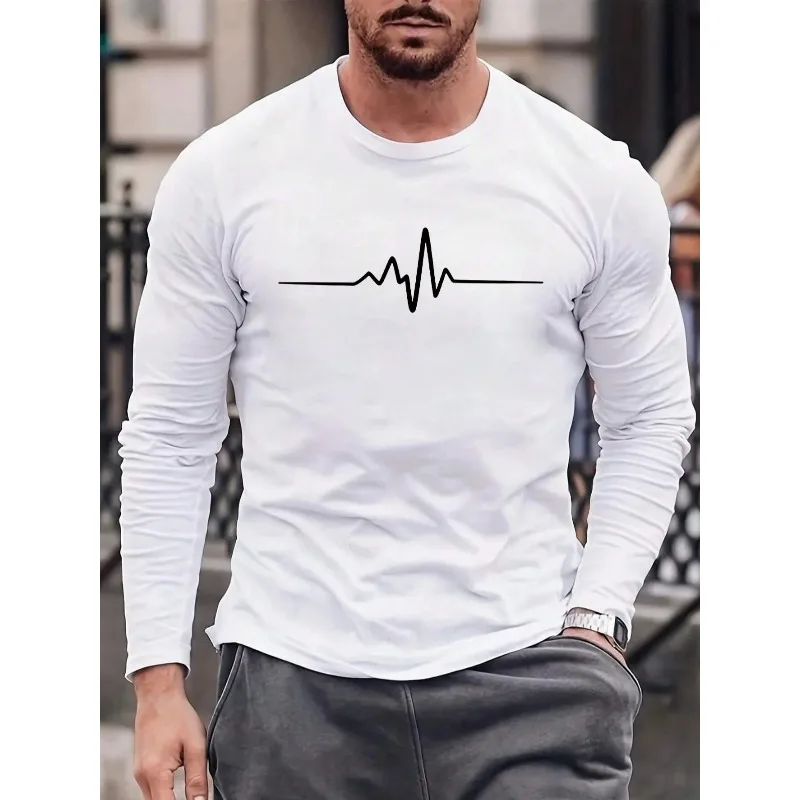 T-shirt à manches longues, motif ECG imprimé en 3D, col rond, ample et confortable, sport décontracté, respirant, séchage rapide, quotidien