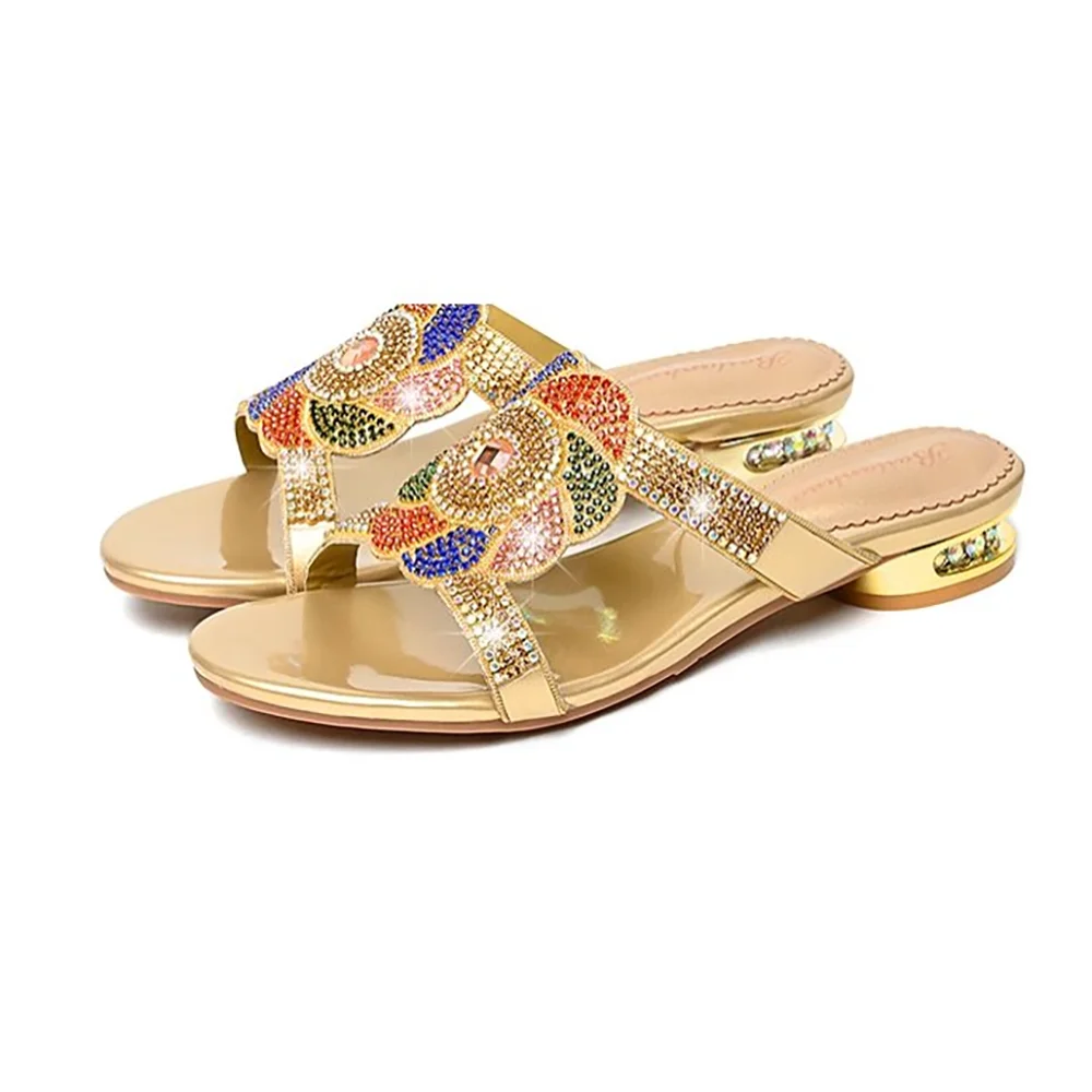 

Новые босоножки со стразами, женские тапочки на высоком каблуке, летние модные шлепанцы на толстом каблуке и среднем каблуке для ношения O